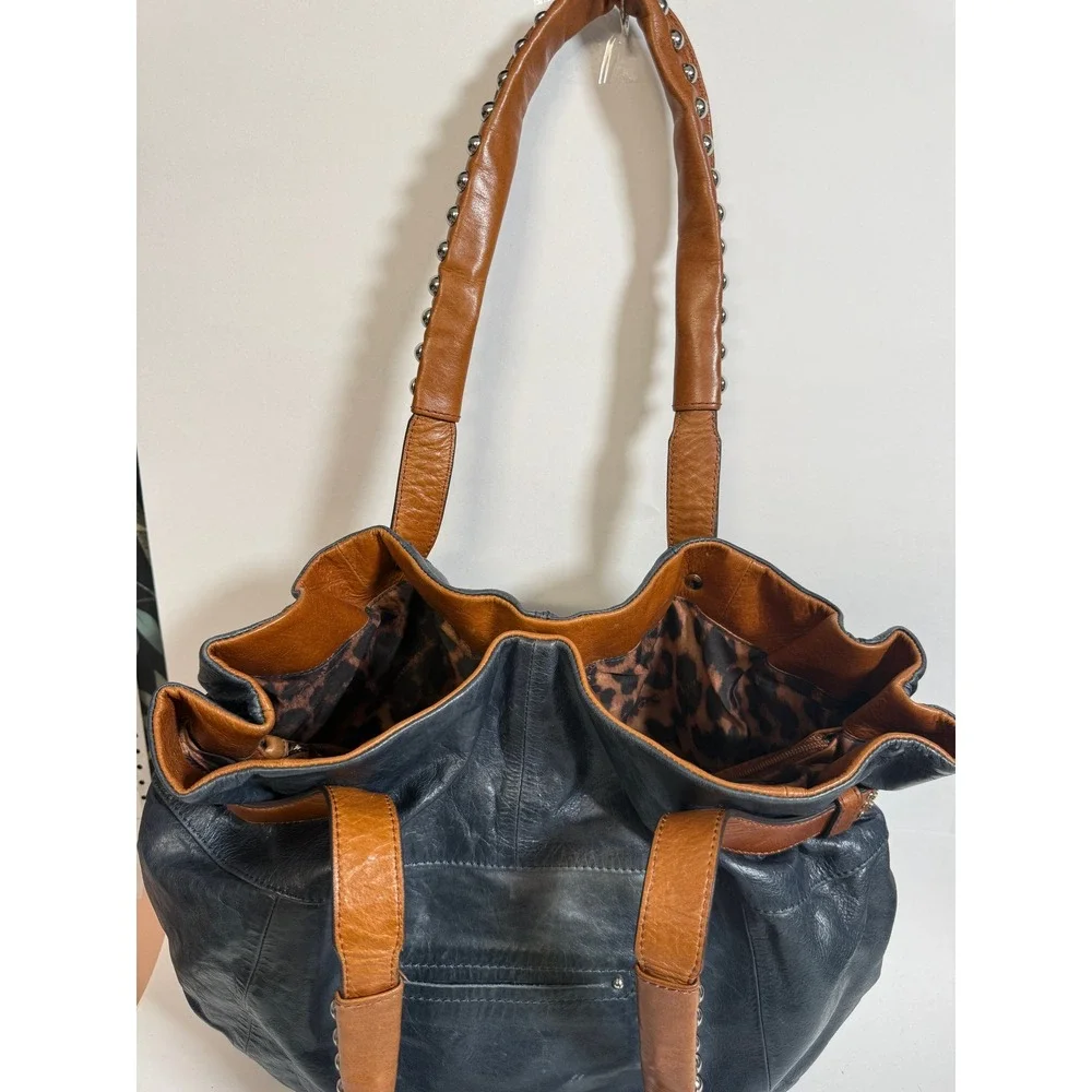 Boho Indie Grunge Navy Blue Leather Studded Hobo Shoulder Bag Large Oversized - Picture 7 of 16